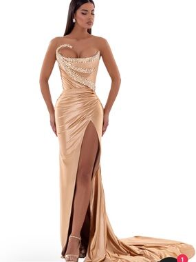 Strapless Gold Ruched Evening Gown with Rhinestone Embellishment